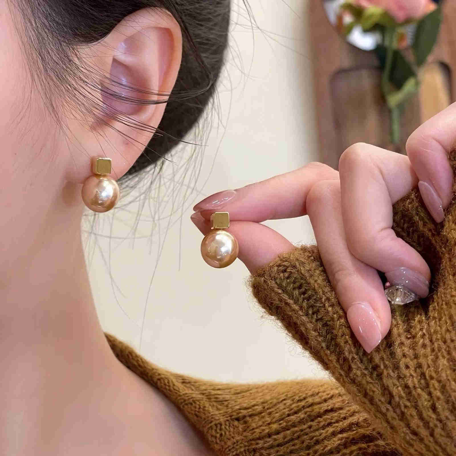 12MM Pearl Stud Geometric Square Earrings with S925 Silver Pins