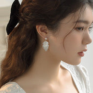 Mother Of Pearl Drop Earrings Clip & Pin Leaf Design Pearl Earrings with Silver Pin