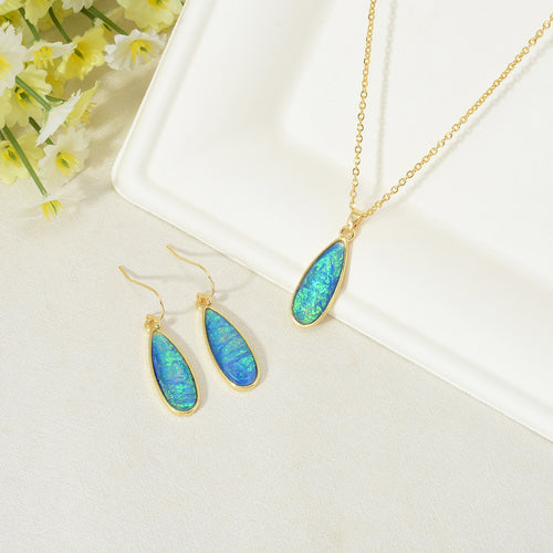 Opal Jewelry Set Oil Paint Vibe Earrings and Necklace Set Gold Chain with Blue and Green Opal Pendant