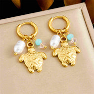 Seaside Gold Earrings Turtle Seashell Conch Summer Pearl Drop Earrings with Gold Hoop