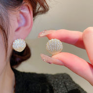Yellow Gold Sea Shell Stud Earrings Zircon Scallop Shell Earrings Jewelry 14K Gold Plated