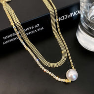 【Crazy Deal】13MM Pearl Pendant Necklace | Gold Double Chain Clavicle Chain | Crystal Chain and 14K Gold Plated