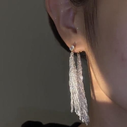 Waterfall Tassel Earrings Dangle Zircon Long Tassel Earrings with S925 Silver Pins