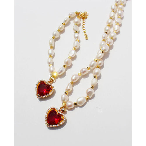 Natural 8MM Freshwater Pearl Necklace & Bracelet  Heart Shape Zircon Pendant