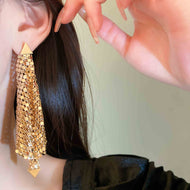 Gold and Silver Long Tassel Earrings Shiny Hyperbolic Dangling Earrings with Silver Pin
