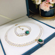 Collar de perlas naturales de agua dulce de 8MM, conjunto de pulsera, colgante de circón verde
