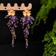 Handmade Violet Crystal Dangling Earrings Gold Crystal Drop Earrings with S925 SIlver Pin