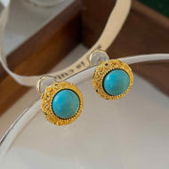 Turquoise Color Green-Blue Stone Earring Studs Gold Plated Earrings Vintage Inspired Style