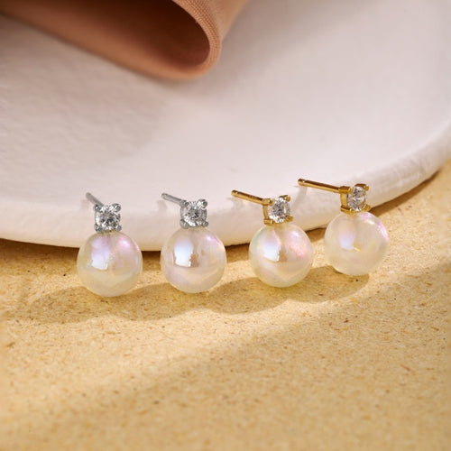 Moonstone Earring Studs Small Opal Pearl Drop with Diamond Earrings S925 Silver Pin