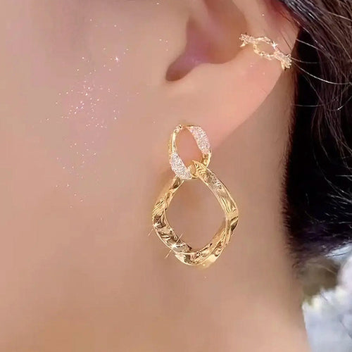 Pendientes de aro doble con diamantes dorados Pendientes cuadrados grandes con pasador de plata S925