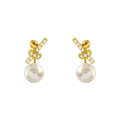 Perlenohrringe mit Schleife, Zirkonia, 14 Karat vergoldet, Perlenohrring mit S925 Silberstift