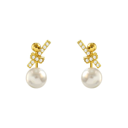 Bowknot Design Pearl Drop Earrings Cubic Zirconia 14K Gold Plated Pearl Earring with S925 Silver Pin