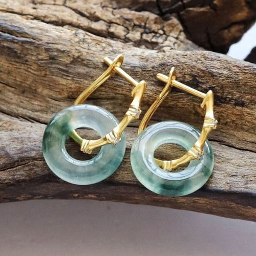 Green Jade Hoop Earrings Gold Bamboo Design Hoop with Chalcedony Drop Silver Pin