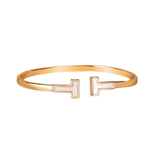 Double T White Mother of Pearl Bangle Classic 14K Gold Plated Bracelet