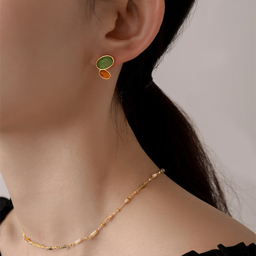 Natural Double Color Stone Earrings Stud Green and Orange Stone Earrings with S925 Silver Pin