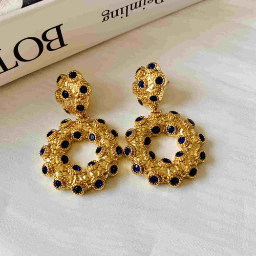 Vintage Style Gold Circle Earrings Drop Blue Diamond embellished Drop earring with S925 Silver Pins