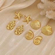 Set of 4 Pairs of Earrings Summer Gold Earring Studs Big Seaside Earrings with Silver Pin