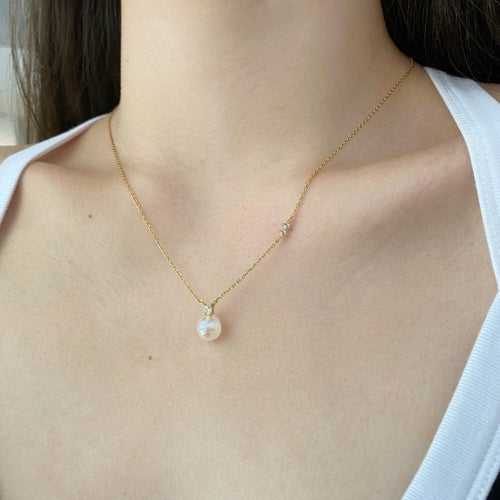 Opal Pearl Pendant Moonstone Diamond Necklace with 14k Gold Plated S925 Sterling Sliver Chain