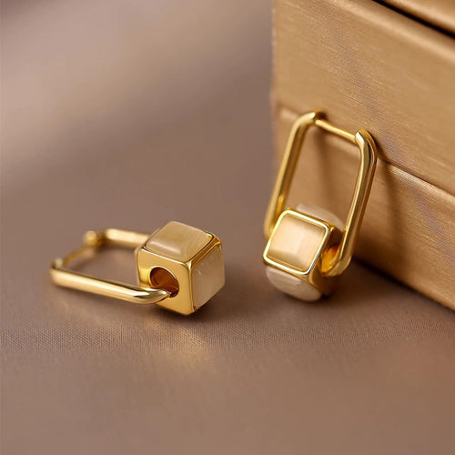 Pendientes elegantes con forma de cubo de ópalo, pendientes de aro dorados con pasador de plata S925