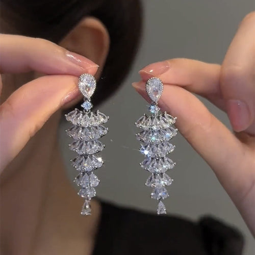Crystal Drop Earrings Umbrella Shape Chandelier Bridal Earrings Cascading Crystal Earring with S925 Silver Pins