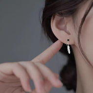 Silver Dainty Feather Drop Earrings Fashion Black Zircon with Feather Dangle Earrings
