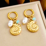 Seaside Gold Earrings Turtle Seashell Conch Summer Pearl Drop Earrings with Gold Hoop