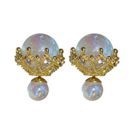 Moonstone Earring Studs 2 Side Opal Earrings Gold Settings and Silver Pin