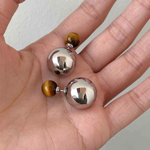 Silver Metal Stud Double Ball Earrings Tiger Eye Stone Earrings with S925 Silver Pin