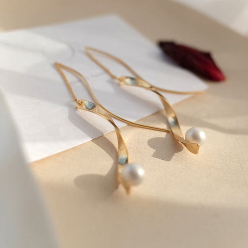 6MM Pearl Spiral Earring | Long Dangling Earrings S Shape Earrings | Gold White Pearl Earrings