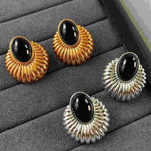 Vintage  Style Oval Black Onyx Earrings Stud 14K Gold Plated Earrings with S925 Silver Pins