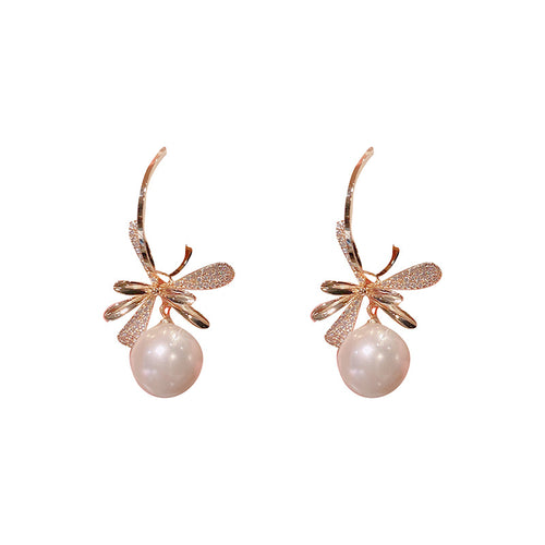 14K Gold Flower 12MM Pearl Zircon Stud Drop Earrings Women Wedding Bride Jewelry Gift S925 Silver Pin