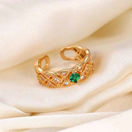 Vintage Style Gold Plated Ring 18k Gold Adjustable Size Green Crystal Crown Open Ring