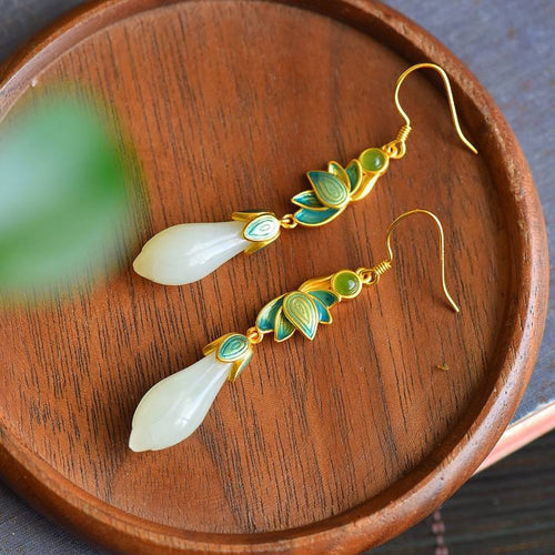 Vintage Jade Magnolia Flower Earrings Tassel Dangle I Magnolia Flower Hetian Jade Women's Necklace | Gold Magnolia Flower Earrings and Necklace S925