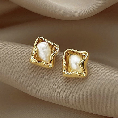 Freshwater Pearl Stud Earrings 14K Gold Plated Square Design Earrings with S925 Silver Pin