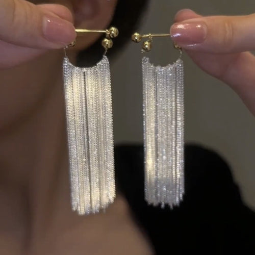 Shining Tassel Earrings Long Dangling Fall Earrings with Gold Plated S925 Silver Pin