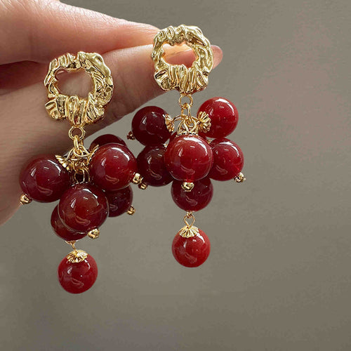 Red Pearl Tassel Earrings 14K Gold Plated Grape Inspired Dangling Earring SIlver Pin
