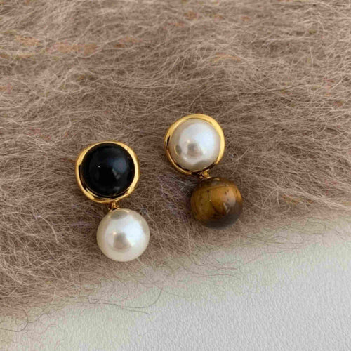8-10MM Pearl Drop Earrings Tiger Eye Stone Drop Earrings with S925 Silver Pin