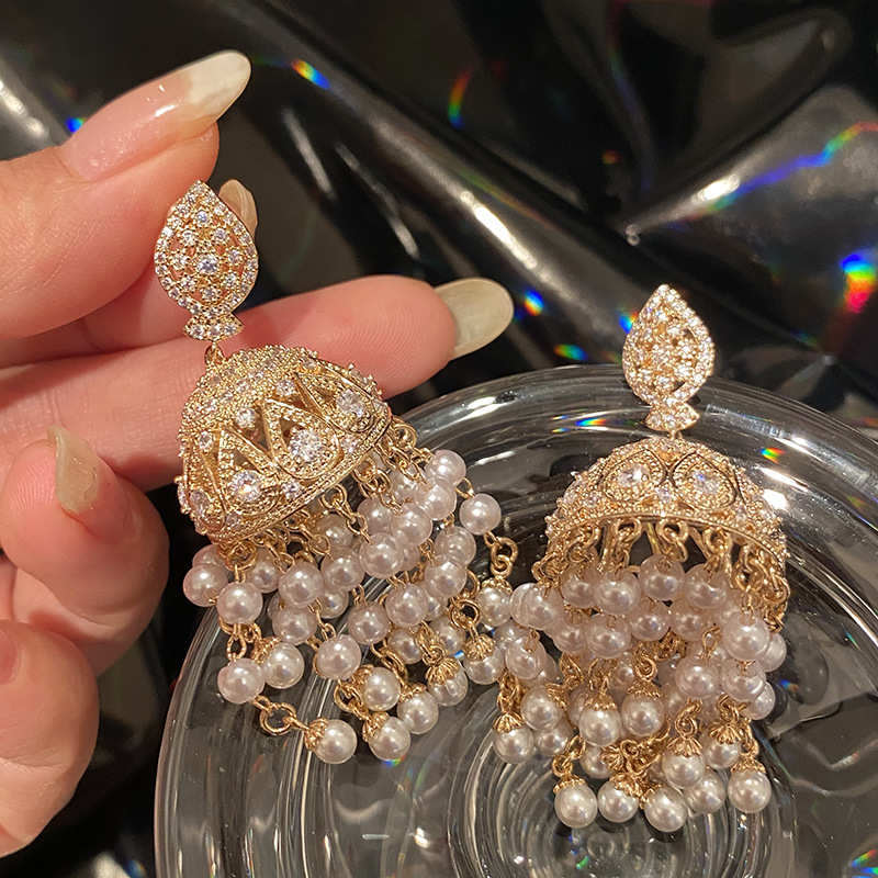 Vintage Style Pearls Earrings Zircon Fashion Jewelry Traditional Dangle Pearl Earring for Women Huge Tomato