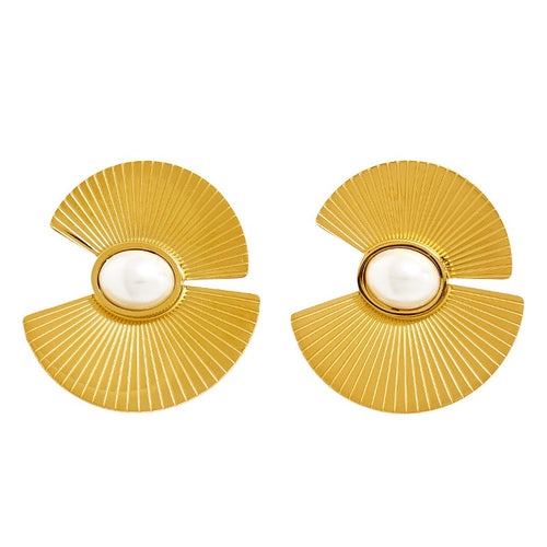 8MM Pearl Charm Fan Earring | Fashion Stud Sector Earrings Jewelry | Gold and Silver Available