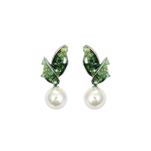 15MM Large Pearl Earrings Green Orange Crystal Leaf Shaped Earrings with S925 Silver Pins