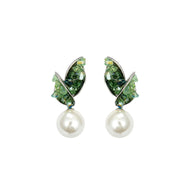 15MM Large Pearl Earrings Green Orange Crystal Leaf Shaped Earrings with S925 Silver Pins