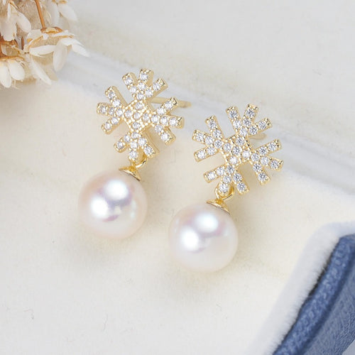 Winter Vibe Earrings Diamond Snowflake with Pearl Drop Earrings Christmas Jewelry S925 Silver Pin