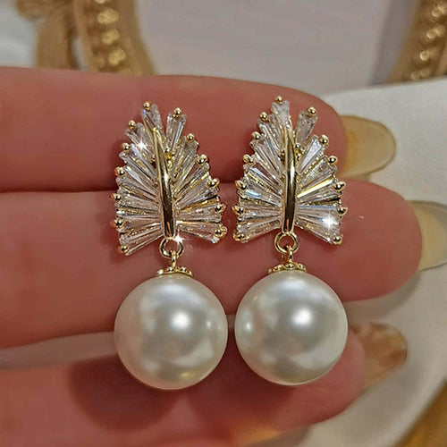 10mm Big Pearl Drop Earrings with Crystal Hoop S925 Silver Pin