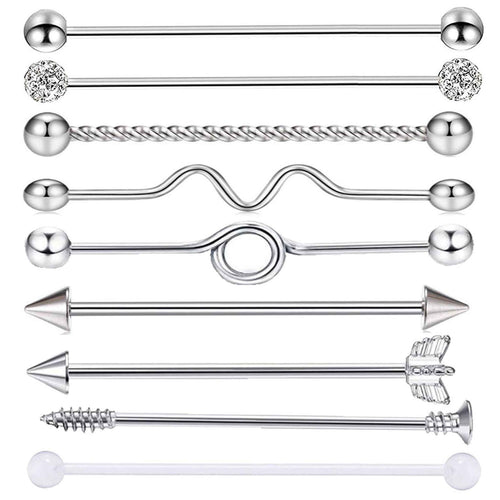 9 Pcs Stainless Steel Industrial Earring Industrial Piercing Barbell Set Cartilage Helix Conch Piercing Bar Stud Set