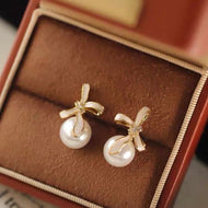 Elegant Pearl Drop Earrings Bowknot Earrings with White Pearl Silver Pin