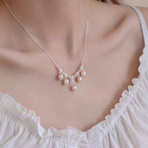 [August 75% Off Sale] Delicated White Pearl Tassel Drop Crystal Necklace with Silver Chain