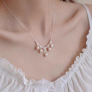 [August 75% Off Sale] Delicated White Pearl Tassel Drop Crystal Necklace with Silver Chain