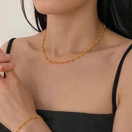 Solid 18K Gold Plated Chain Necklace and Bracelet, Double Strands Necklace 18 Inches Adjustable