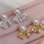 Elegant Pearl Earrings Gold and Silver Bowknot Earrings Silver Pin
