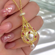 Pearl Net Pendant Necklace and Earrings Gold and Silver Luxury Collarbone Necklace Long Dress Chain